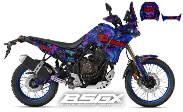 Yamaha Tenere 700 пиксельная камуфляжная графика черно-красно-синие наклейки