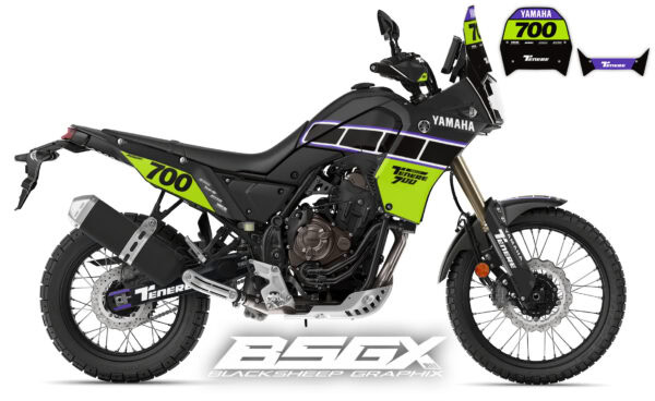 Yamaha Tenere 700 с чёрно-лаймовой графикой наклейки и фиолетовыми акцентами