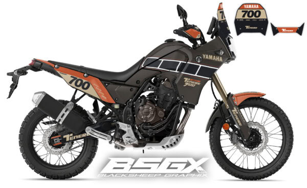 Yamaha Tenere 700 с песочно-оранжевой графикой наклейки в стиле Dakar