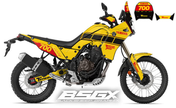 Yamaha Tenere 700 с жёлтой графикой наклейки, красными акцентами и чёрными элементами